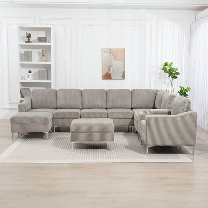 Divano componibile modulare in velluto a coste, divano trasformabile a 6 posti con porte USB, pouf contenitore e portabicchieri per soggiorno