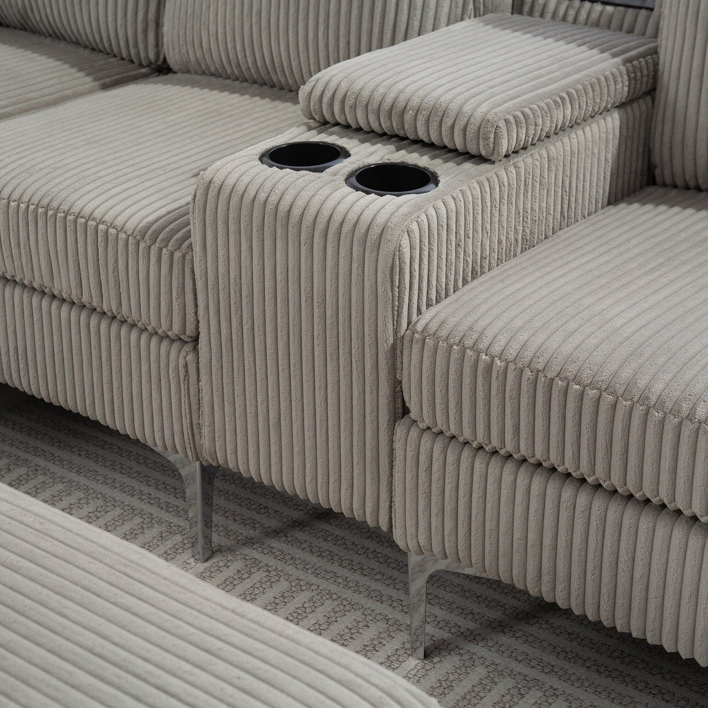 Divano componibile modulare in velluto a coste, divano trasformabile a 6 posti con porte USB, pouf contenitore e portabicchieri per soggiorno