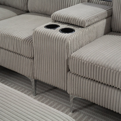 Divano componibile modulare in velluto a coste, divano trasformabile a 6 posti con porte USB, pouf contenitore e portabicchieri per soggiorno