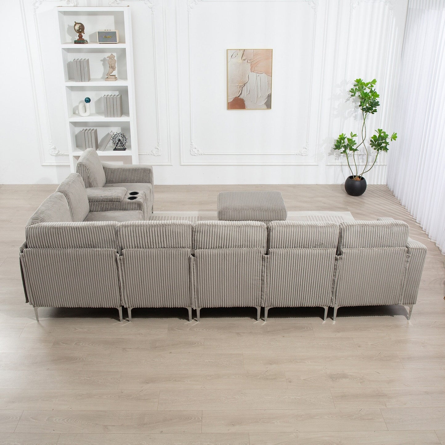 Divano componibile modulare in velluto a coste, divano trasformabile a 6 posti con porte USB, pouf contenitore e portabicchieri per soggiorno