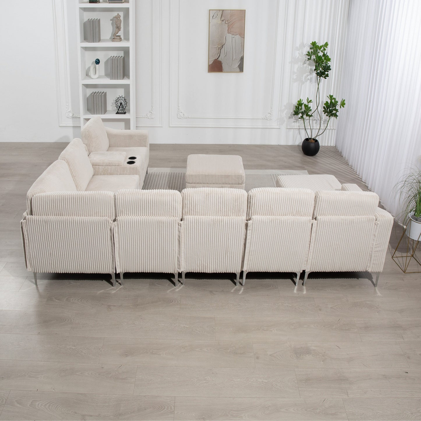 Divano componibile modulare in velluto a coste, divano trasformabile a 6 posti con porte USB, pouf contenitore e portabicchieri per soggiorno