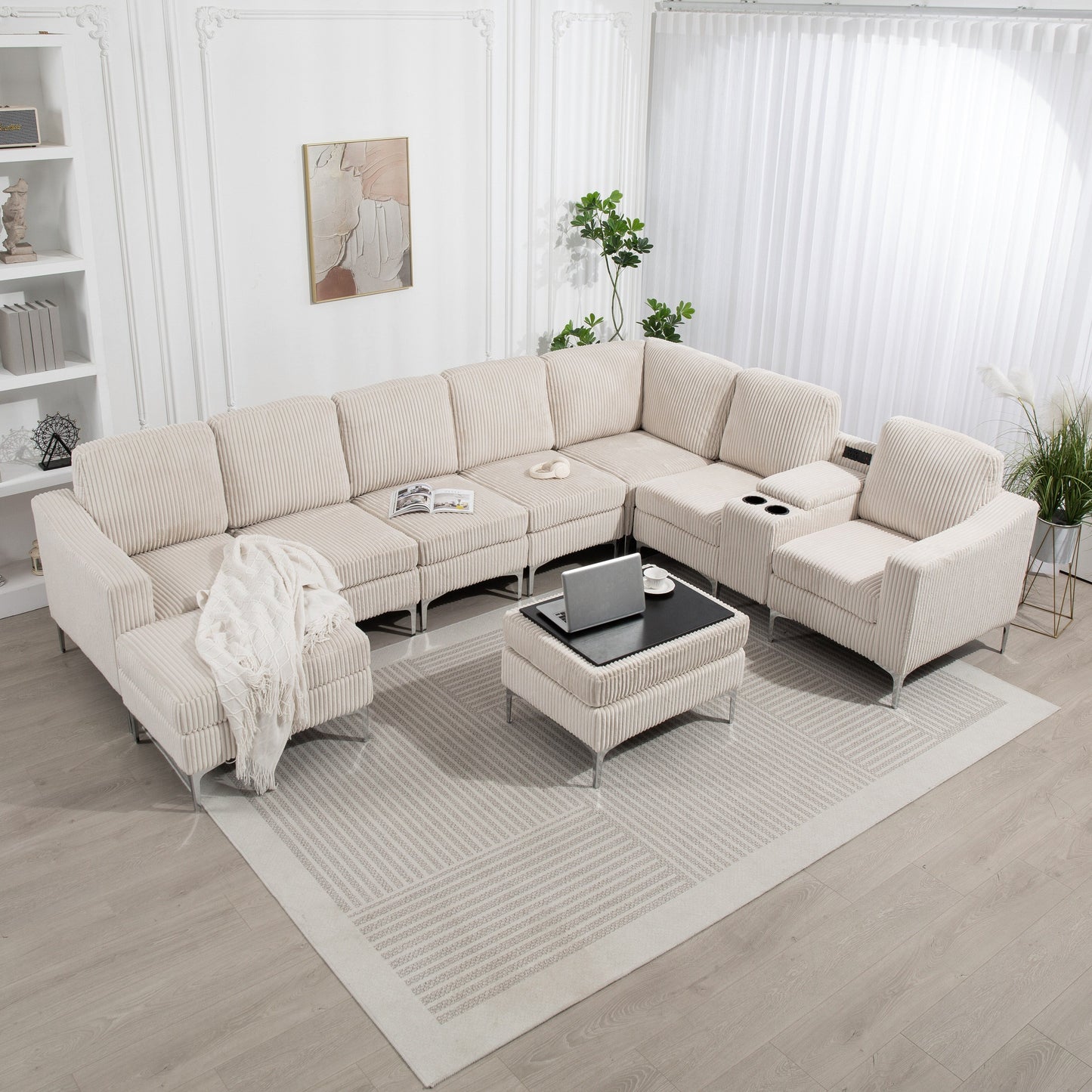 Divano componibile modulare in velluto a coste, divano trasformabile a 6 posti con porte USB, pouf contenitore e portabicchieri per soggiorno