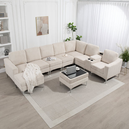 Divano componibile modulare in velluto a coste, divano trasformabile a 6 posti con porte USB, pouf contenitore e portabicchieri per soggiorno