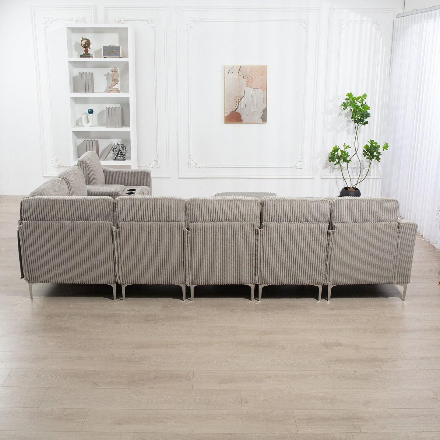 Divano componibile modulare in velluto a coste, divano trasformabile a 6 posti con porte USB, pouf contenitore e portabicchieri per soggiorno