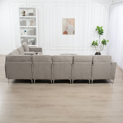 Divano componibile modulare in velluto a coste, divano trasformabile a 6 posti con porte USB, pouf contenitore e portabicchieri per soggiorno