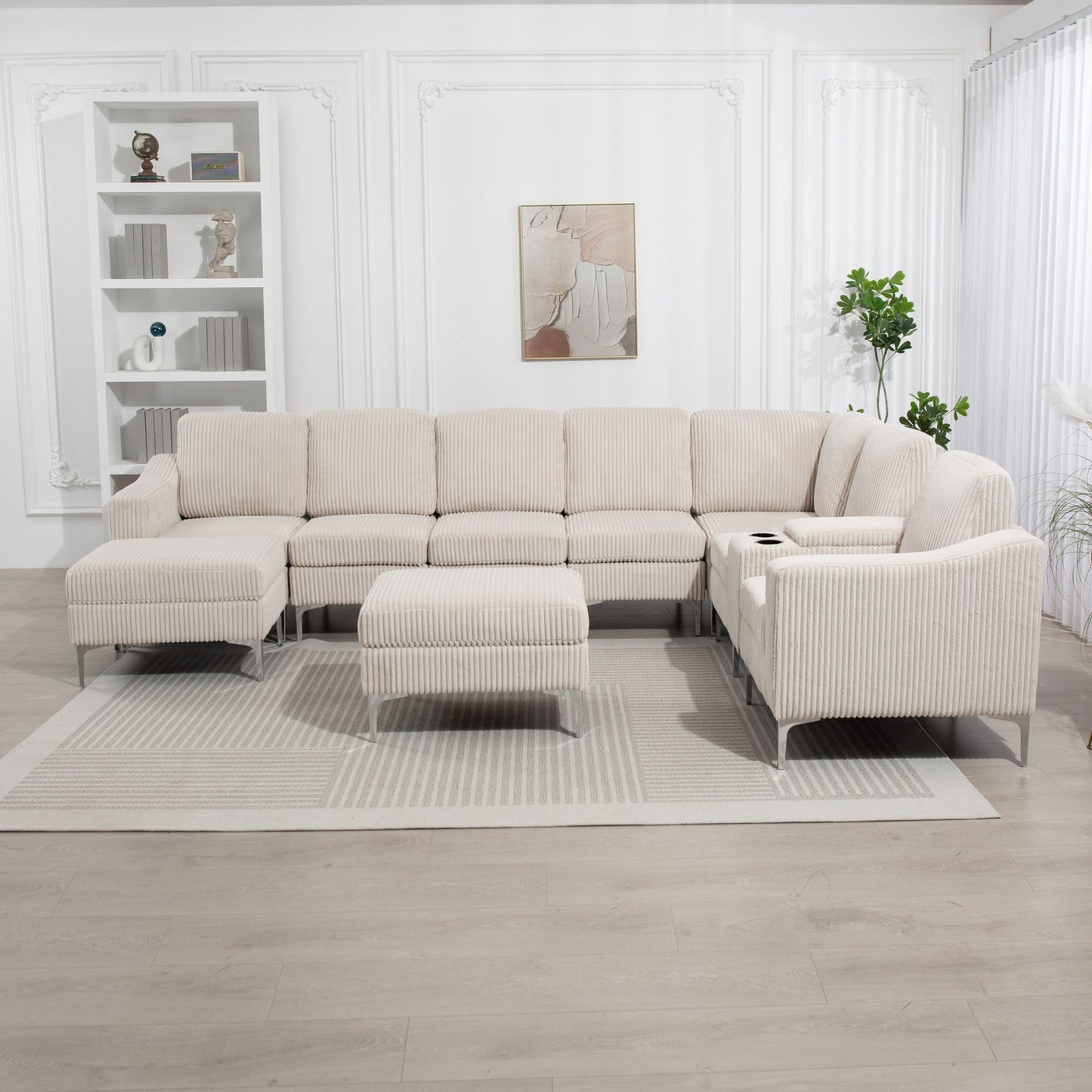 Divano componibile modulare in velluto a coste, divano trasformabile a 6 posti con porte USB, pouf contenitore e portabicchieri per soggiorno