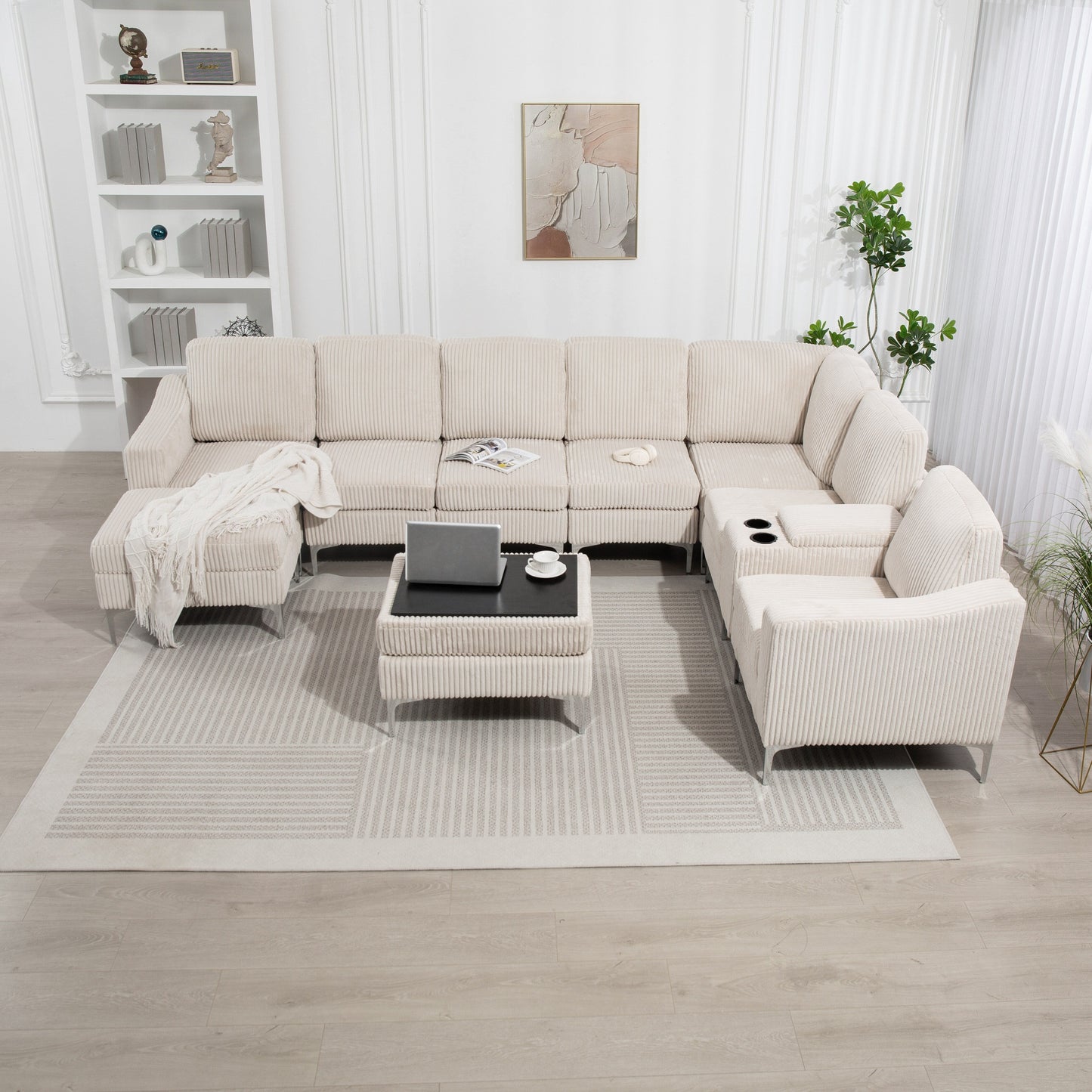 Divano componibile modulare in velluto a coste, divano trasformabile a 6 posti con porte USB, pouf contenitore e portabicchieri per soggiorno