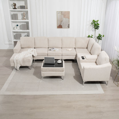 Divano componibile modulare in velluto a coste, divano trasformabile a 6 posti con porte USB, pouf contenitore e portabicchieri per soggiorno