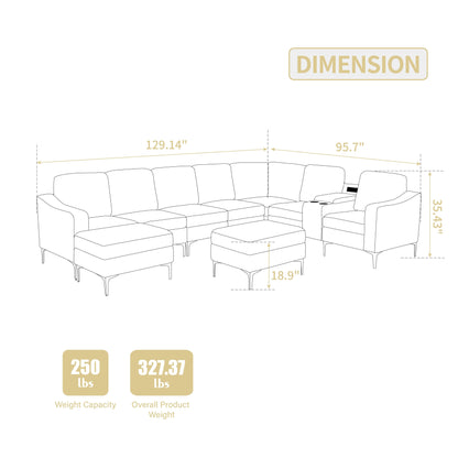 Divano componibile modulare in velluto a coste, divano trasformabile a 6 posti con porte USB, pouf contenitore e portabicchieri per soggiorno