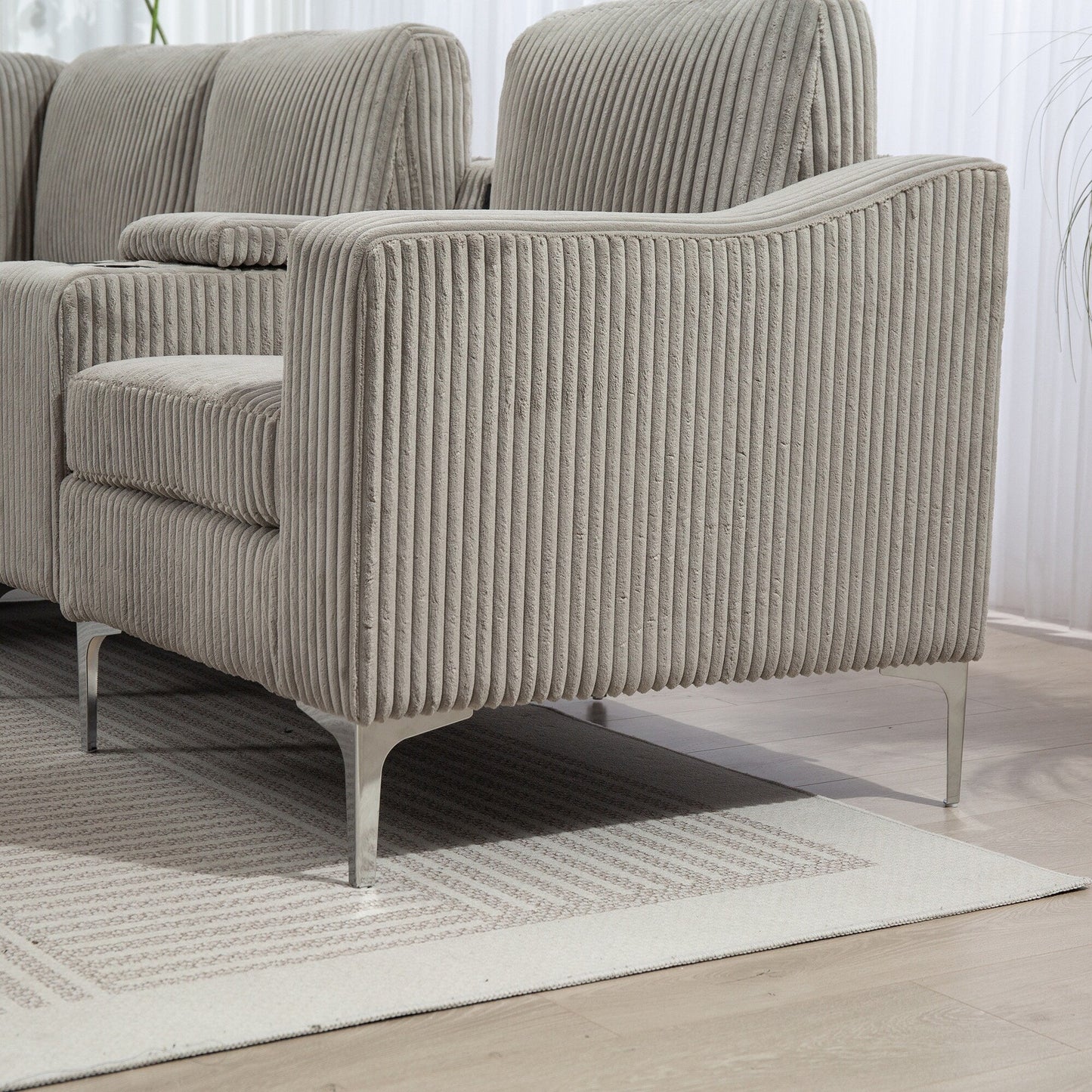 Divano componibile modulare in velluto a coste, divano trasformabile a 6 posti con porte USB, pouf contenitore e portabicchieri per soggiorno