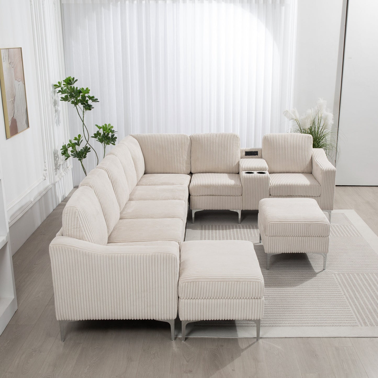 Divano componibile modulare in velluto a coste, divano trasformabile a 6 posti con porte USB, pouf contenitore e portabicchieri per soggiorno