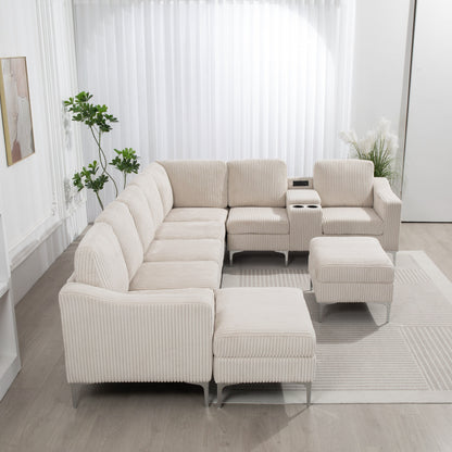 Divano componibile modulare in velluto a coste, divano trasformabile a 6 posti con porte USB, pouf contenitore e portabicchieri per soggiorno