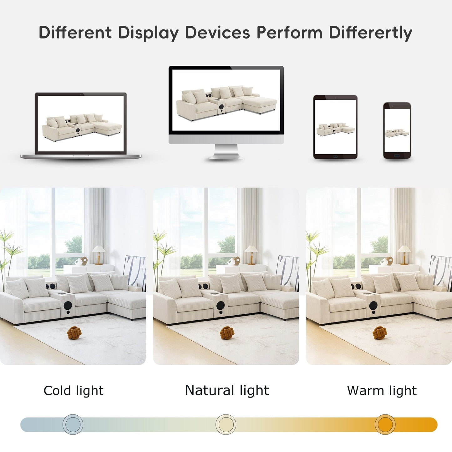 Divano componibile modulare in velluto a coste con altoparlanti Bluetooth, porte di ricarica, portabicchieri, contenitore e pouf per il soggiorno