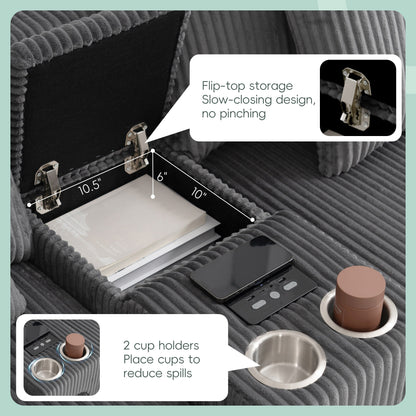 Divano componibile modulare in velluto a coste con altoparlanti Bluetooth, porte di ricarica, portabicchieri, contenitore e pouf per il soggiorno