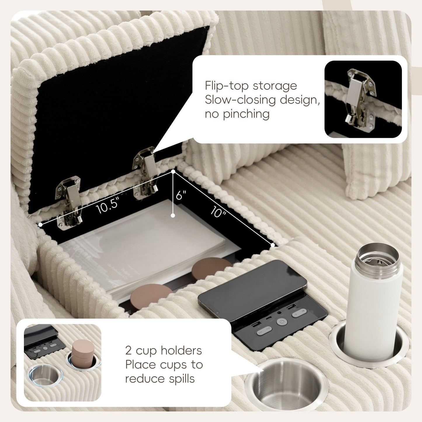 Divano componibile modulare in velluto a coste con altoparlanti Bluetooth, porte di ricarica, portabicchieri, contenitore e pouf per il soggiorno