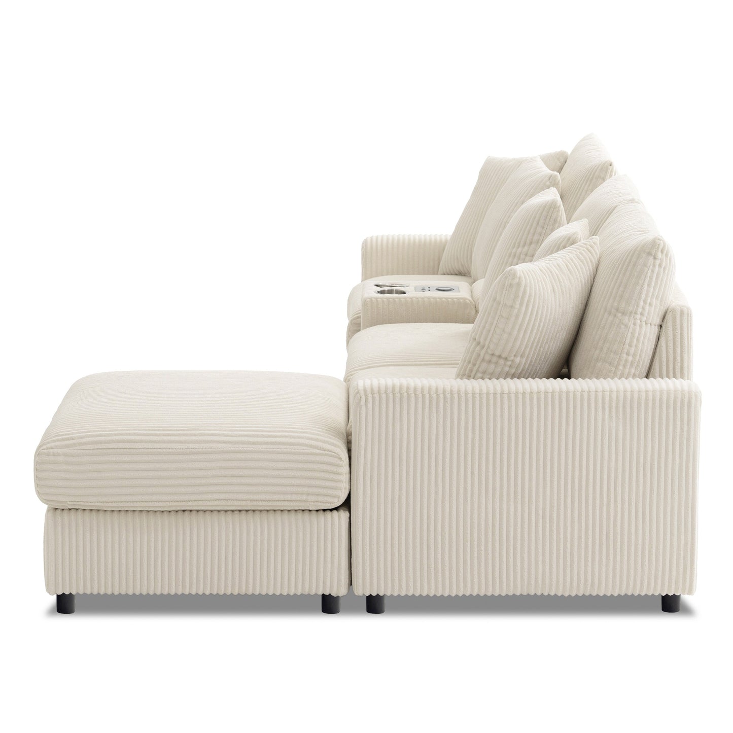 Divano componibile modulare in velluto a coste con altoparlanti Bluetooth, porte di ricarica, portabicchieri, contenitore e pouf per il soggiorno