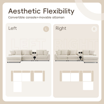 Divano componibile modulare in velluto a coste con altoparlanti Bluetooth, porte di ricarica, portabicchieri, contenitore e pouf per il soggiorno