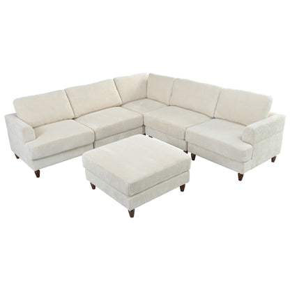 Divano componibile modulare a 6 posti in velluto a coste a forma di L con pouf e gambe in legno per soggiorno e ufficio