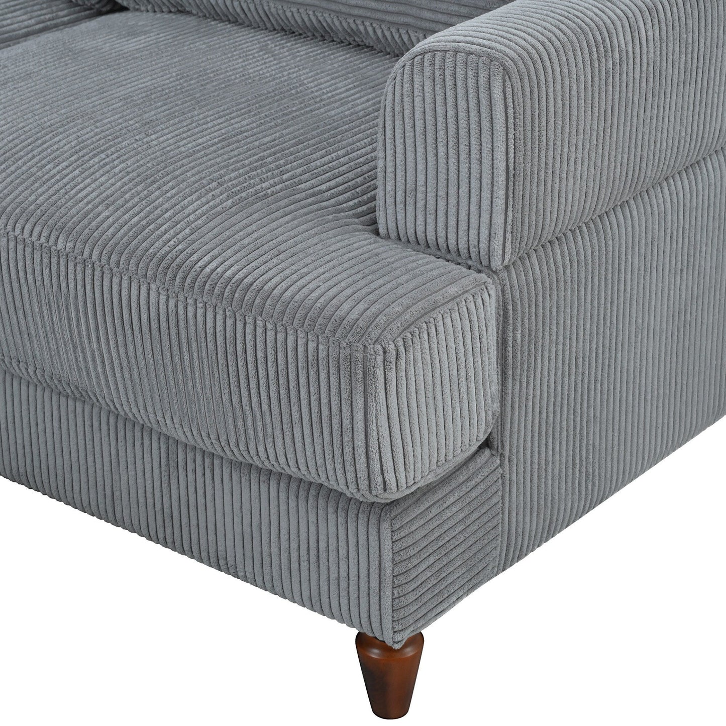 Divano componibile modulare a 6 posti in velluto a coste a forma di L con pouf e gambe in legno per soggiorno e ufficio