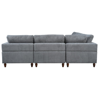 Divano componibile modulare a 6 posti in velluto a coste a forma di L con pouf e gambe in legno per soggiorno e ufficio