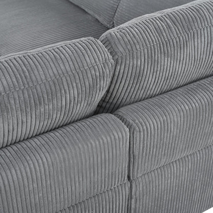 Divano componibile modulare a 6 posti in velluto a coste a forma di L con pouf e gambe in legno per soggiorno e ufficio