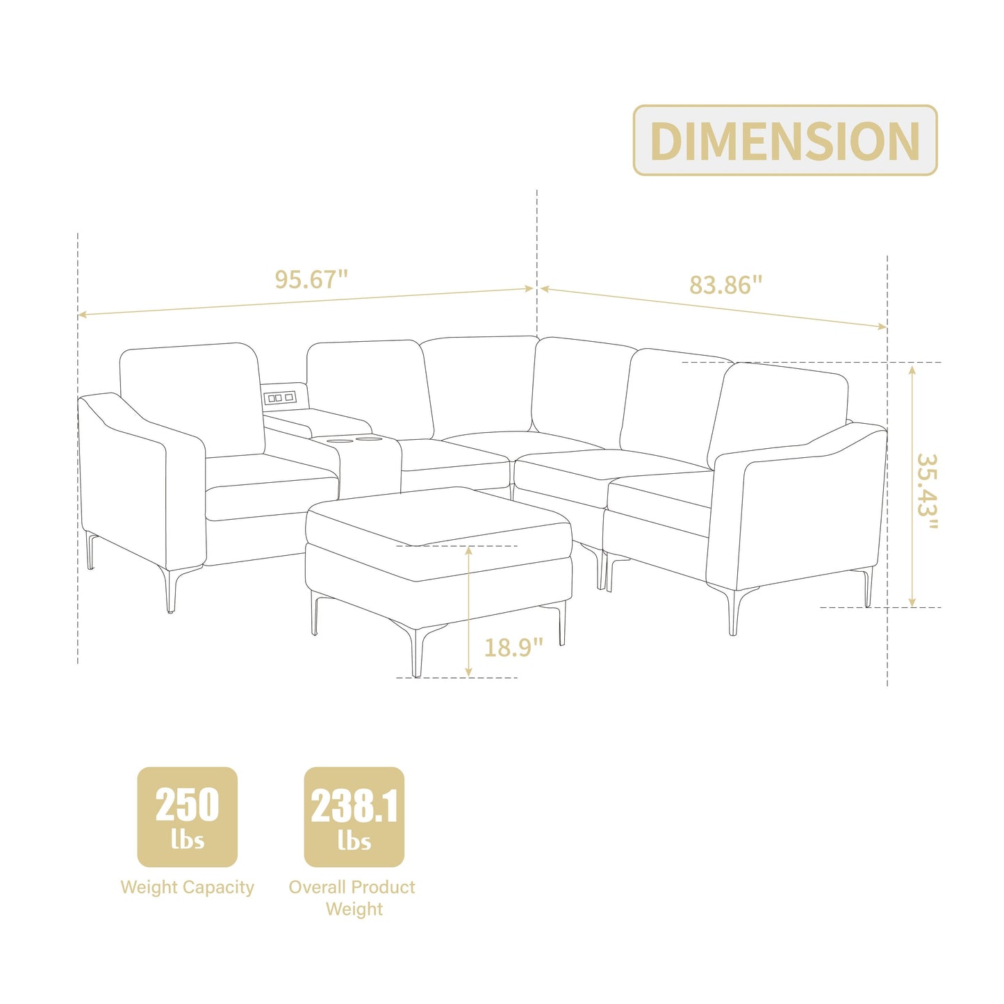 Divano componibile modulare a L in velluto a coste con porte USB, pouf contenitore e portabicchieri per soggiorno e appartamento