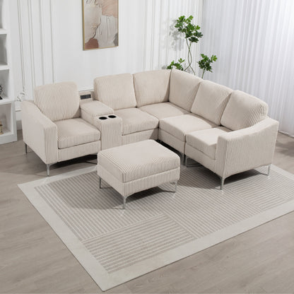 Divano componibile modulare a L in velluto a coste con porte USB, pouf contenitore e portabicchieri per soggiorno e appartamento