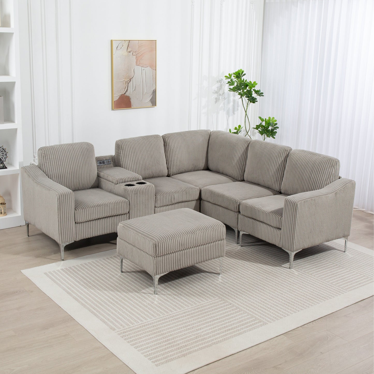 Divano componibile modulare a L in velluto a coste con porte USB, pouf contenitore e portabicchieri per soggiorno e appartamento