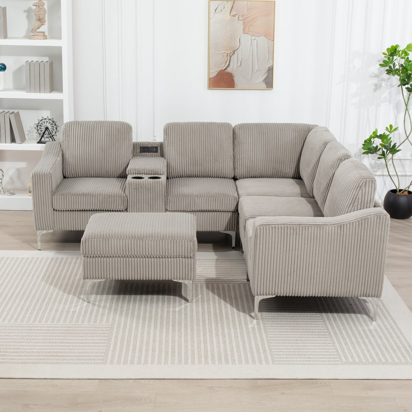 Divano componibile modulare a L in velluto a coste con porte USB, pouf contenitore e portabicchieri per soggiorno e appartamento