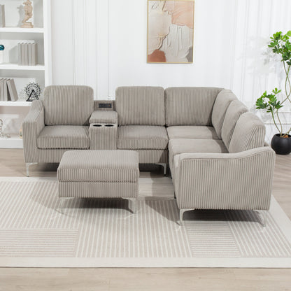 Divano componibile modulare a L in velluto a coste con porte USB, pouf contenitore e portabicchieri per soggiorno e appartamento