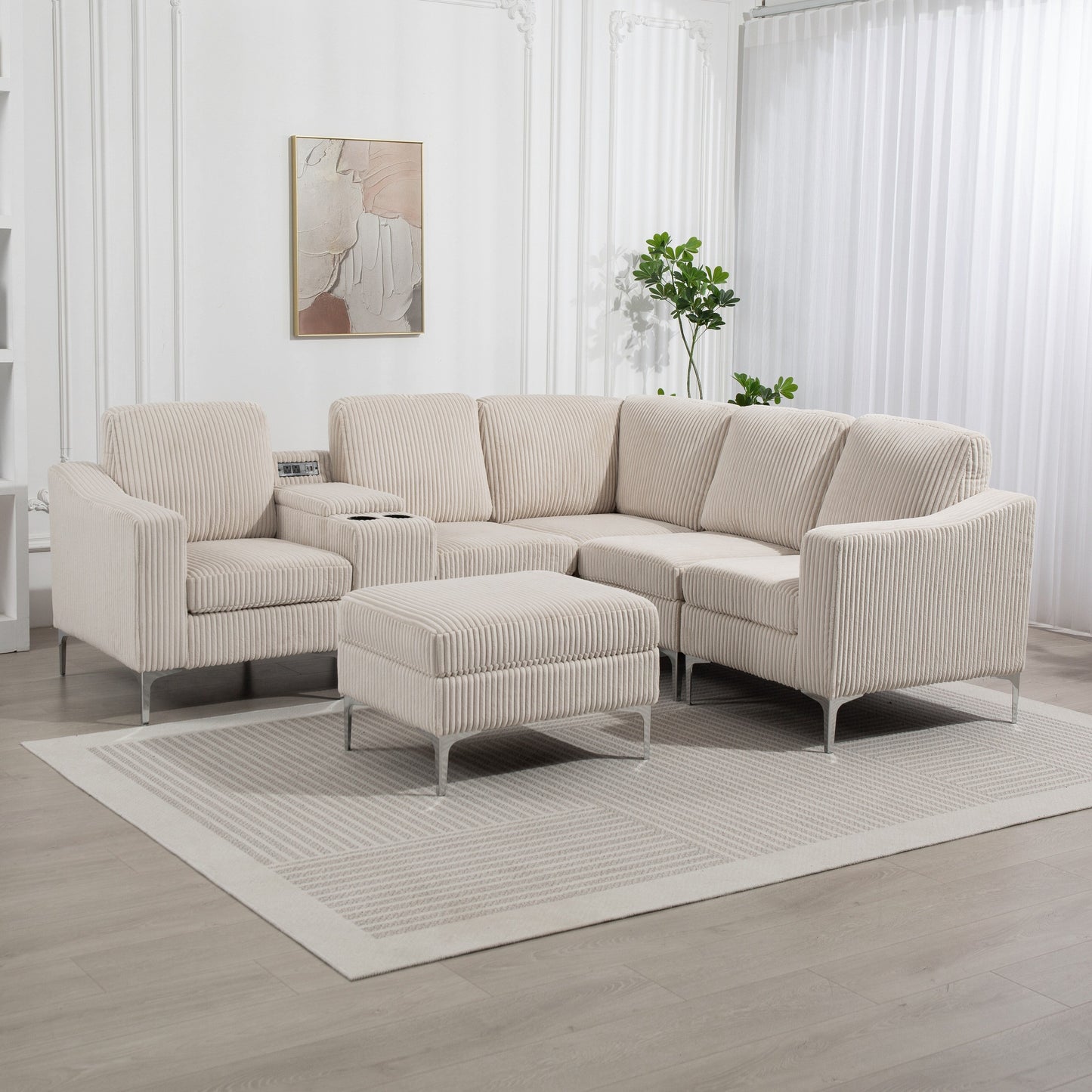 Divano componibile modulare a L in velluto a coste con porte USB, pouf contenitore e portabicchieri per soggiorno e appartamento