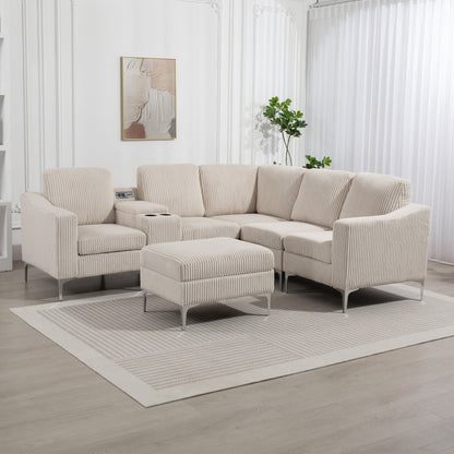 Divano componibile modulare a L in velluto a coste con porte USB, pouf contenitore e portabicchieri per soggiorno e appartamento