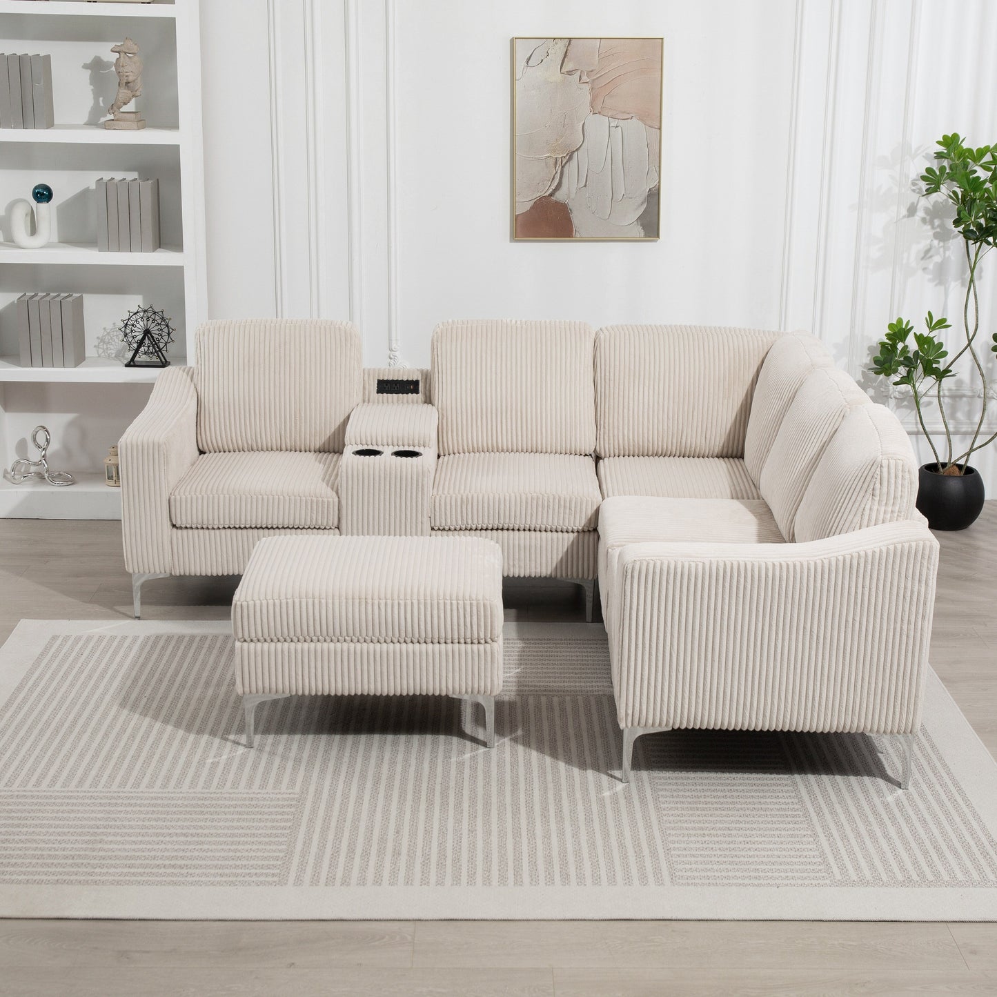 Divano componibile modulare a L in velluto a coste con porte USB, pouf contenitore e portabicchieri per soggiorno e appartamento