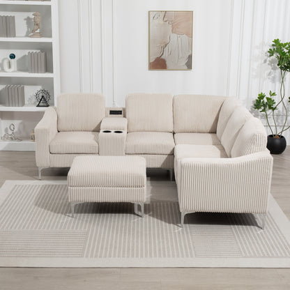 Divano componibile modulare a L in velluto a coste con porte USB, pouf contenitore e portabicchieri per soggiorno e appartamento