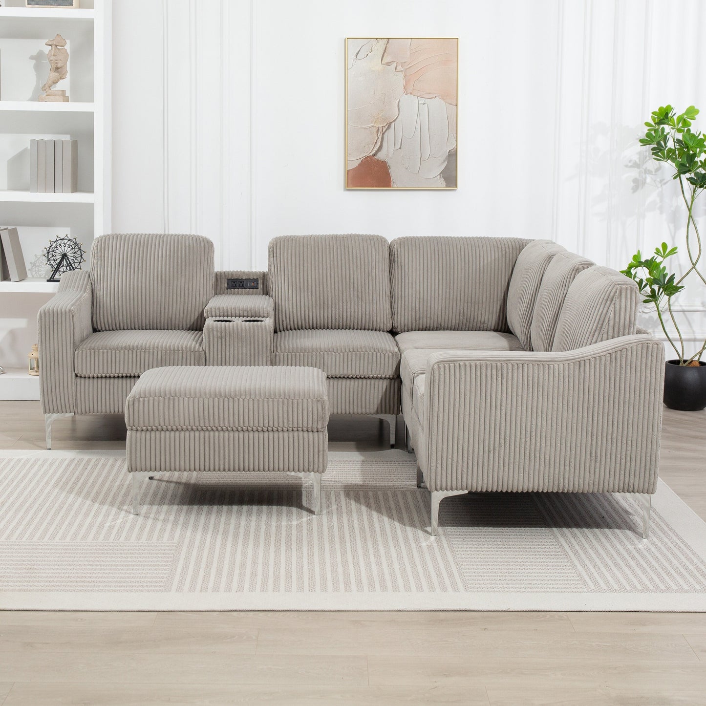 Divano componibile modulare a L in velluto a coste con porte USB, pouf contenitore e portabicchieri per soggiorno e appartamento