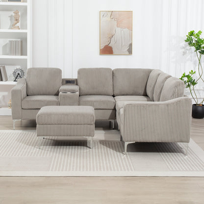 Divano componibile modulare a L in velluto a coste con porte USB, pouf contenitore e portabicchieri per soggiorno e appartamento
