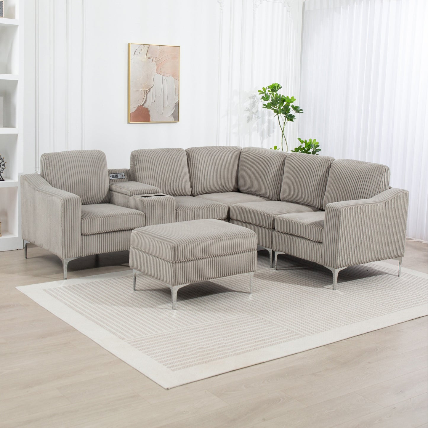 Divano componibile modulare a L in velluto a coste con porte USB, pouf contenitore e portabicchieri per soggiorno e appartamento