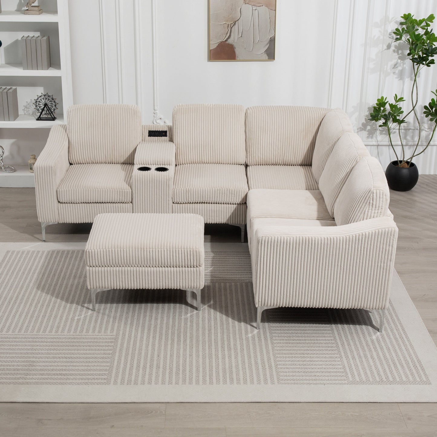 Divano componibile modulare a L in velluto a coste con porte USB, pouf contenitore e portabicchieri per soggiorno e appartamento