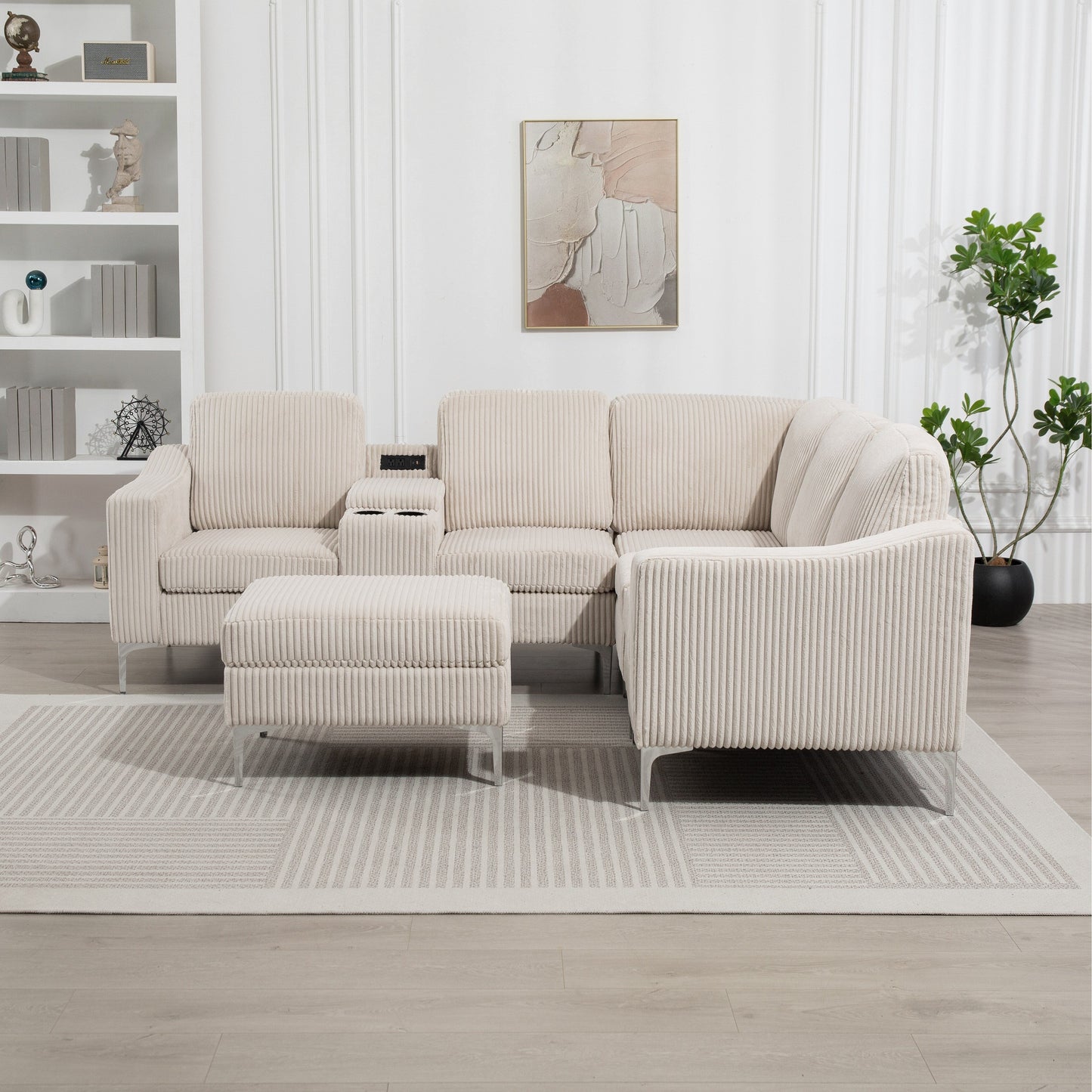 Divano componibile modulare a L in velluto a coste con porte USB, pouf contenitore e portabicchieri per soggiorno e appartamento