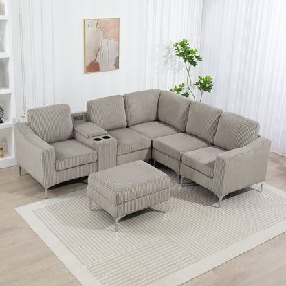 Divano componibile modulare a L in velluto a coste con porte USB, pouf contenitore e portabicchieri per soggiorno e appartamento