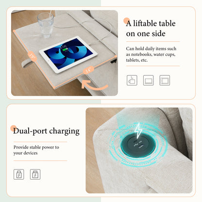 Divano componibile modulare a L con tavolo pieghevole, doppia ricarica USB, tasche laterali portaoggetti e pouf mobile