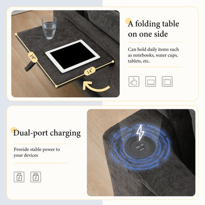 Divano componibile modulare a L con tavolo pieghevole, doppia ricarica USB, tasche laterali portaoggetti e pouf mobile