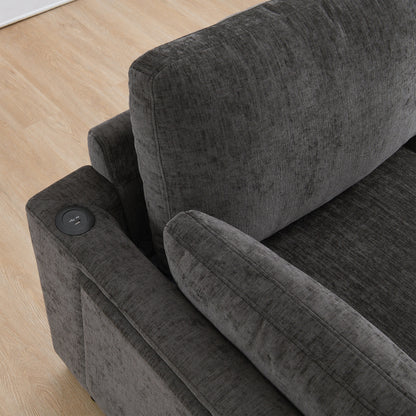 Divano componibile modulare a L con tavolo pieghevole, doppia ricarica USB, tasche laterali portaoggetti e pouf mobile