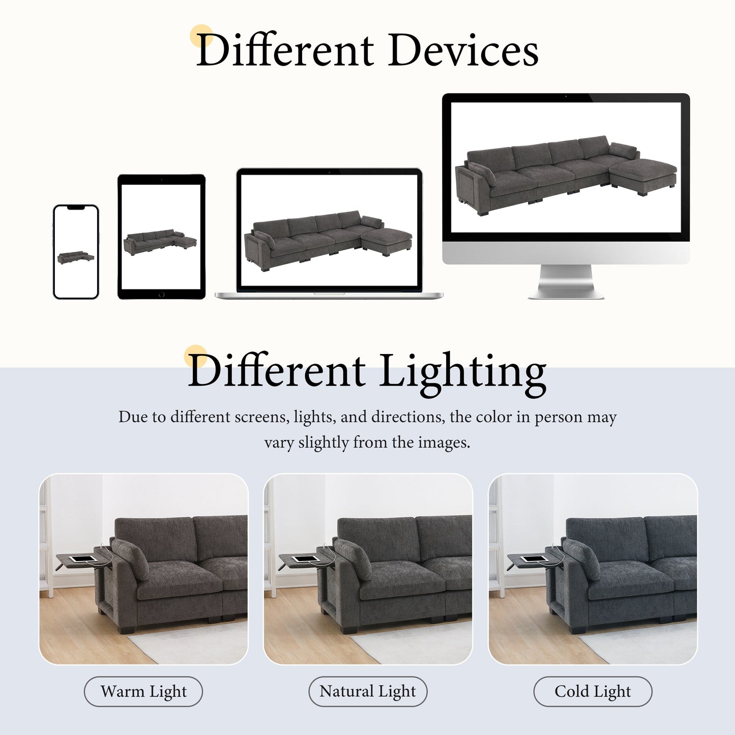 Divano componibile modulare a L con tavolo pieghevole, doppia ricarica USB, tasche laterali portaoggetti e pouf mobile