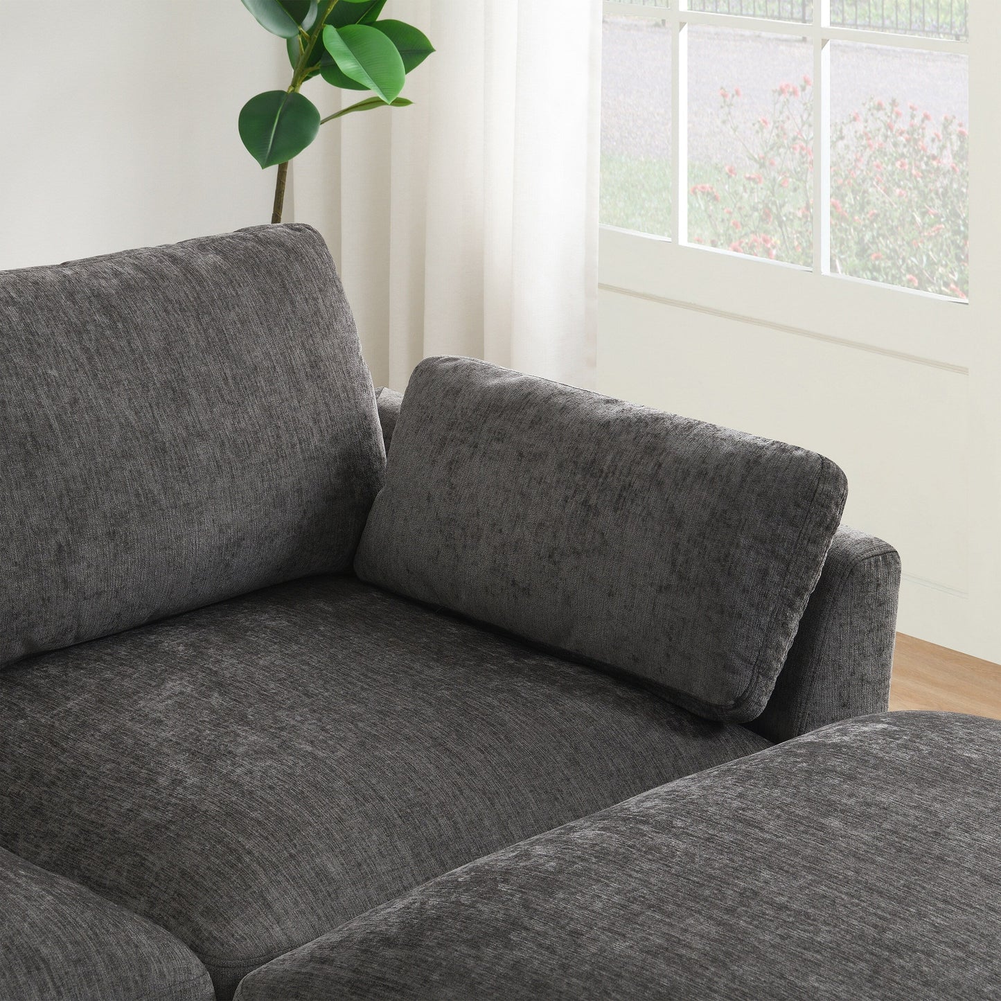 Divano componibile modulare a L con tavolo pieghevole, doppia ricarica USB, tasche laterali portaoggetti e pouf mobile