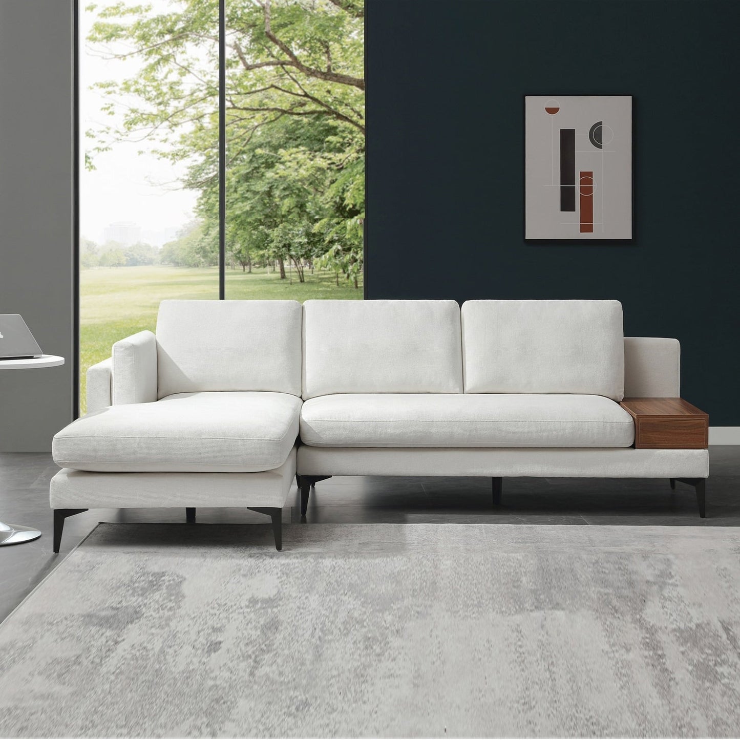 Divano modulare a L con design reversibile e scatola decorativa in legno integrata