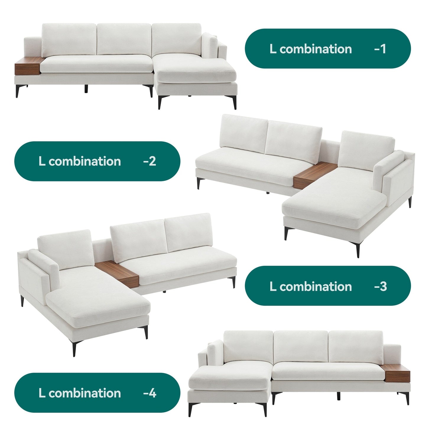 Divano modulare a L con design reversibile e scatola decorativa in legno integrata