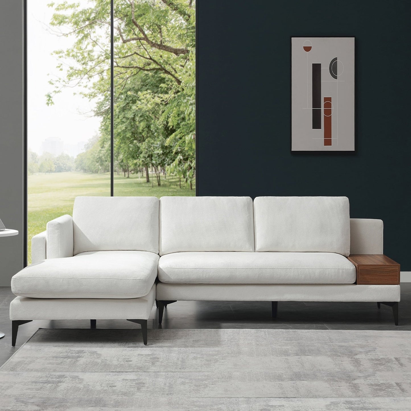 Divano modulare a L con design reversibile e scatola decorativa in legno integrata