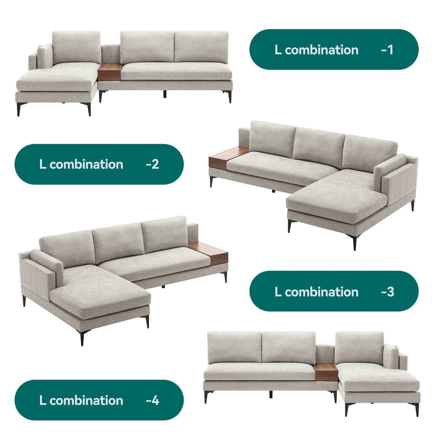 Divano modulare a L con design reversibile e scatola decorativa in legno integrata