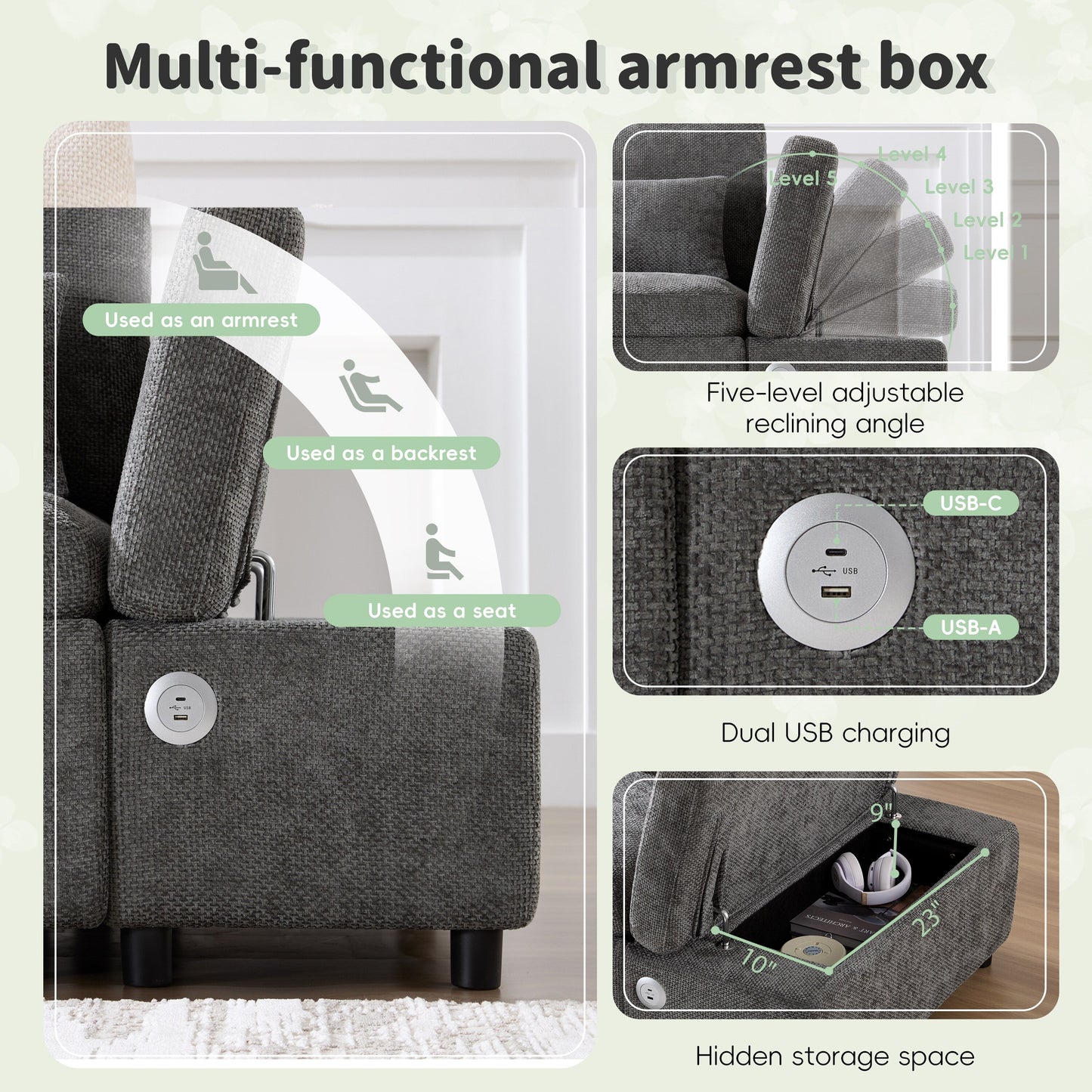 Divano letto componibile modulare estraibile con bracciolo di ricarica regolabile e pouf contenitore per soggiorno e appartamento